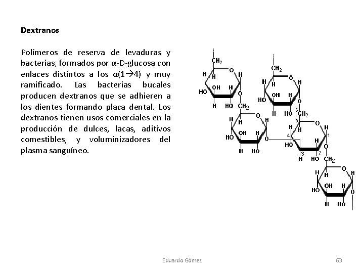Dextranos Polímeros de reserva de levaduras y bacterias, formados por α-D-glucosa con enlaces distintos