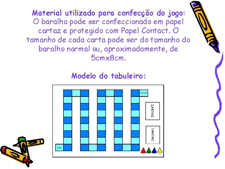 Material utilizado para confecção do jogo: O baralho pode ser confeccionado em papel cartaz