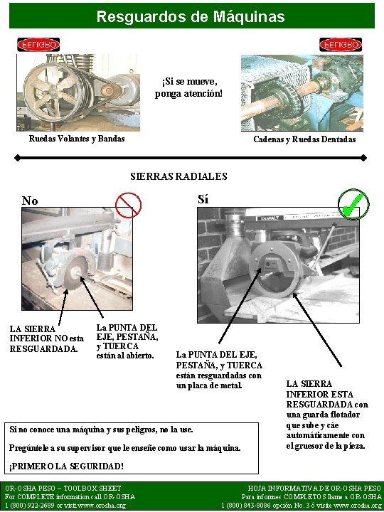 Resguardos de Máquinas ¡Si se mueve, ponga atención! Ruedas Volantes y Bandas Cadenas y