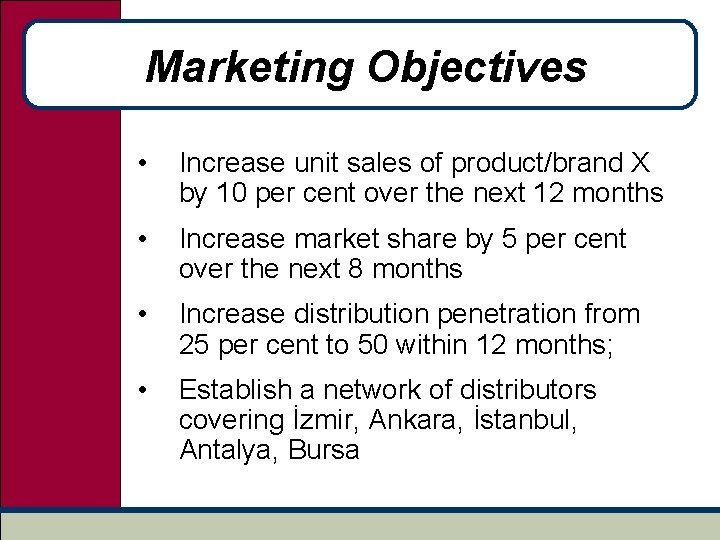 Marketing Objectives • Increase unit sales of product/brand X by 10 per cent over