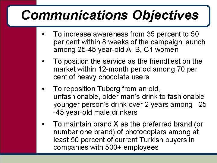 Communications Objectives • To increase awareness from 35 percent to 50 per cent within