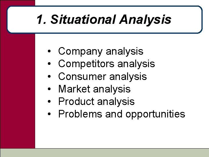 1. Situational Analysis • • • Company analysis Competitors analysis Consumer analysis Market analysis