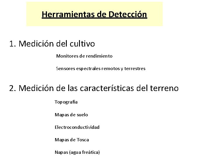 Herramientas de Detección 1. Medición del cultivo Monitores de rendimiento Sensores espectrales remotos y