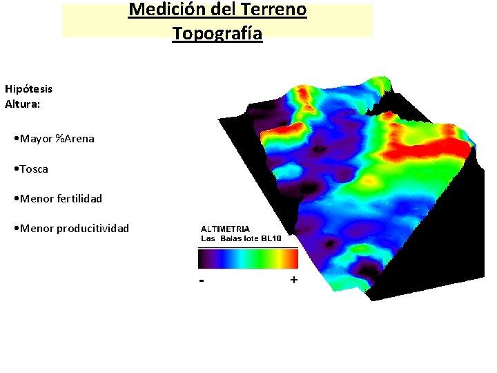 Medición del Terreno Topografía Hipótesis Altura: • Mayor %Arena • Tosca • Menor fertilidad