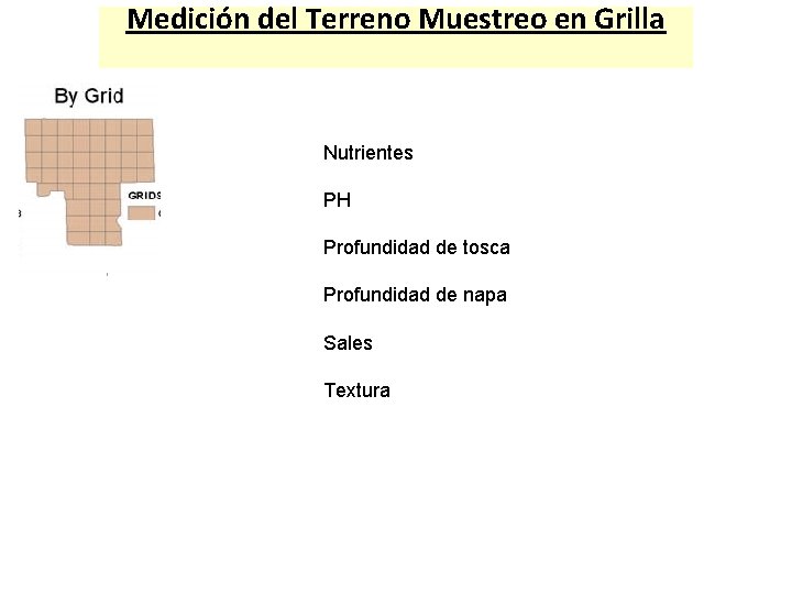Medición del Terreno Muestreo en Grilla Nutrientes PH Profundidad de tosca Profundidad de napa