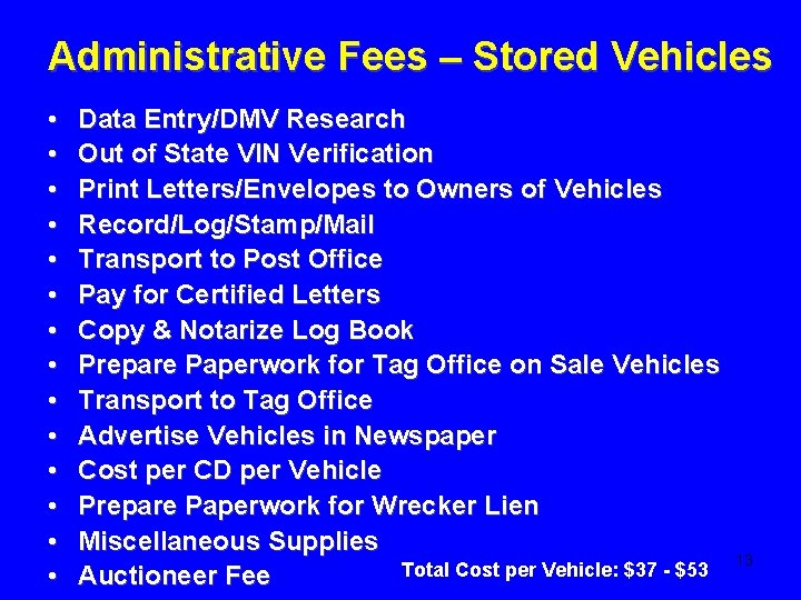 Administrative Fees – Stored Vehicles • • • • Data Entry/DMV Research Out of