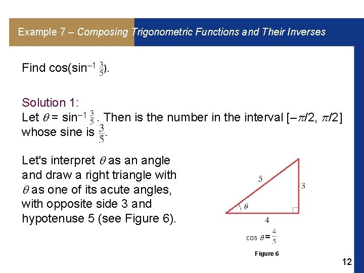 Example 7 – Composing Trigonometric Functions and Their Inverses Find cos(sin– 1 ). Solution