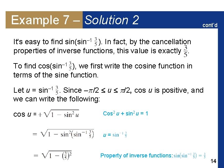 Example 7 – Solution 2 cont’d It's easy to find sin(sin– 1 ). In