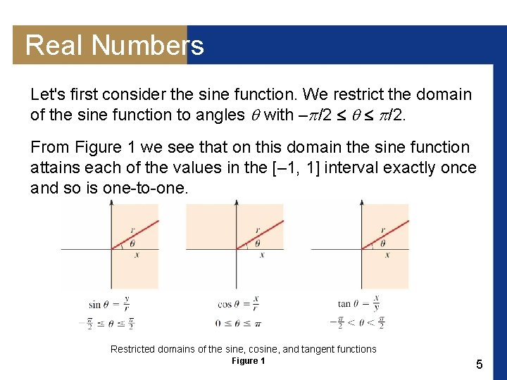 Real Numbers Let's first consider the sine function. We restrict the domain of the