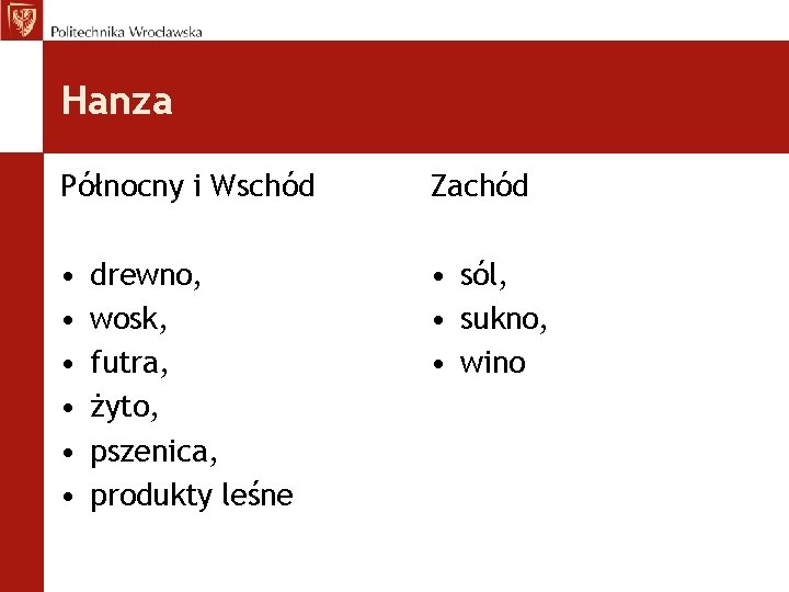 Hanza Północny i Wschód Zachód • • sól, • sukno, • wino drewno, wosk,