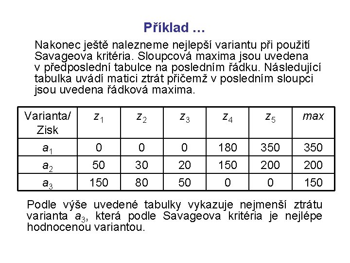 Příklad … Nakonec ještě nalezneme nejlepší variantu při použití Savageova kritéria. Sloupcová maxima jsou