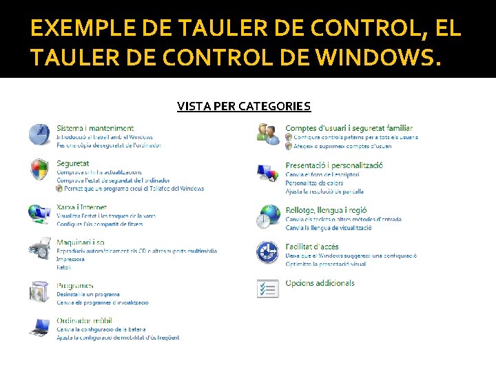 EXEMPLE DE TAULER DE CONTROL, EL TAULER DE CONTROL DE WINDOWS. VISTA PER CATEGORIES EXEMPLE DE TAULER DE CONTROL, EL TAULER DE CONTROL DE WINDOWS. VISTA PER CATEGORIES