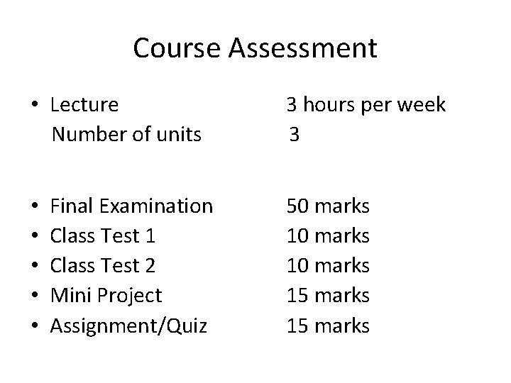 Course Assessment • Lecture Number of units • • • Final Examination Class Test