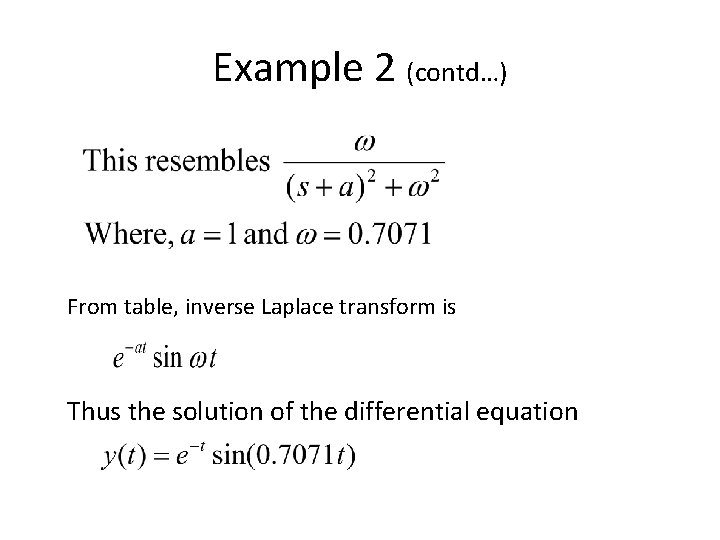 Example 2 (contd…) From table, inverse Laplace transform is Thus the solution of the