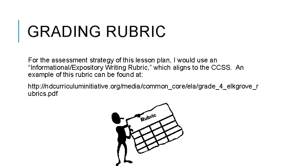 GRADING RUBRIC For the assessment strategy of this lesson plan, I would use an