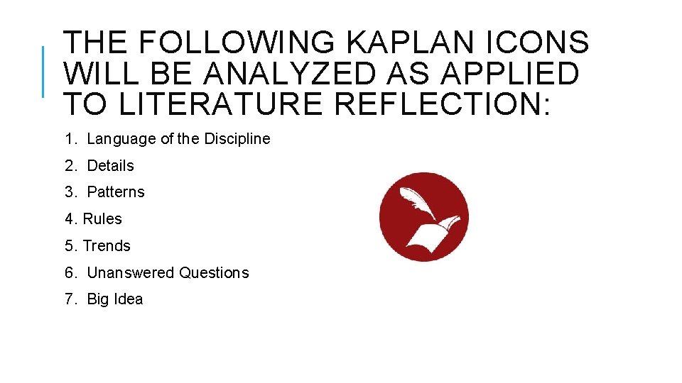 THE FOLLOWING KAPLAN ICONS WILL BE ANALYZED AS APPLIED TO LITERATURE REFLECTION: 1. Language