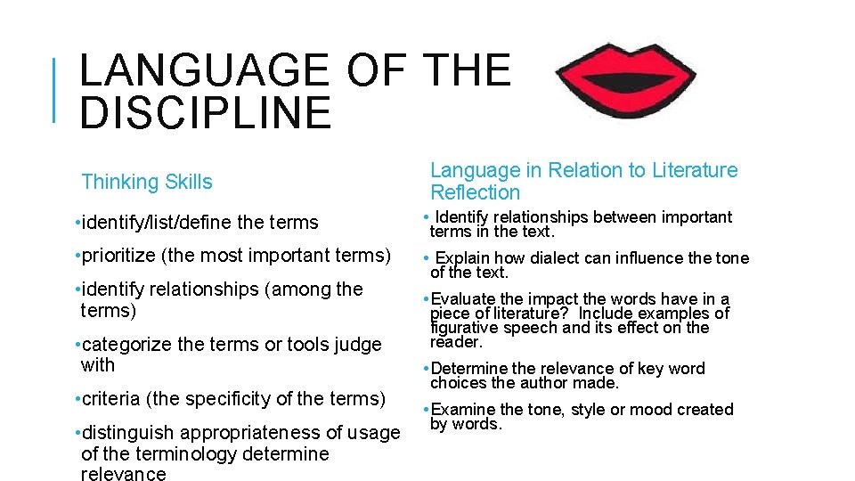 LANGUAGE OF THE DISCIPLINE Thinking Skills Language in Relation to Literature Reflection • identify/list/define