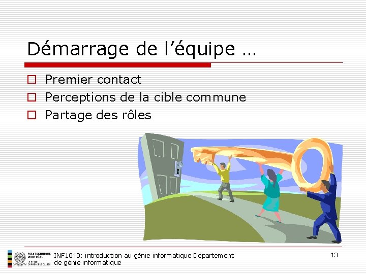 Démarrage de l’équipe … o Premier contact o Perceptions de la cible commune o