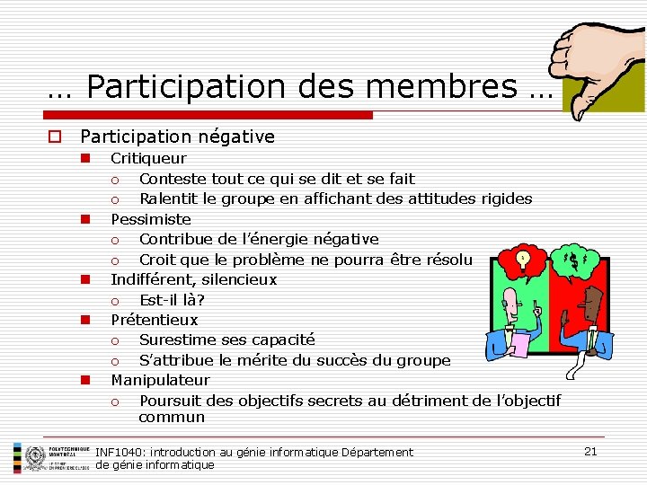 … Participation des membres … o Participation négative n n n Critiqueur o Conteste