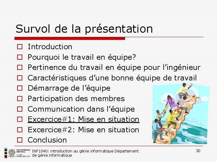 Survol de la présentation o o o o o Introduction Pourquoi le travail en