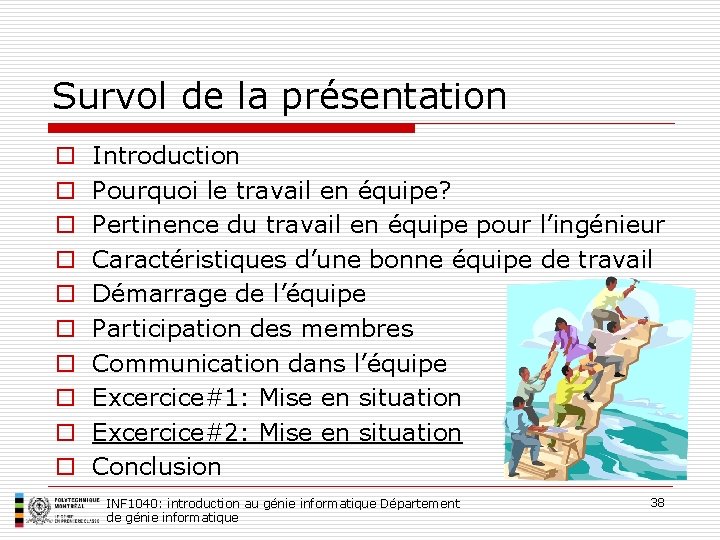 Survol de la présentation o o o o o Introduction Pourquoi le travail en