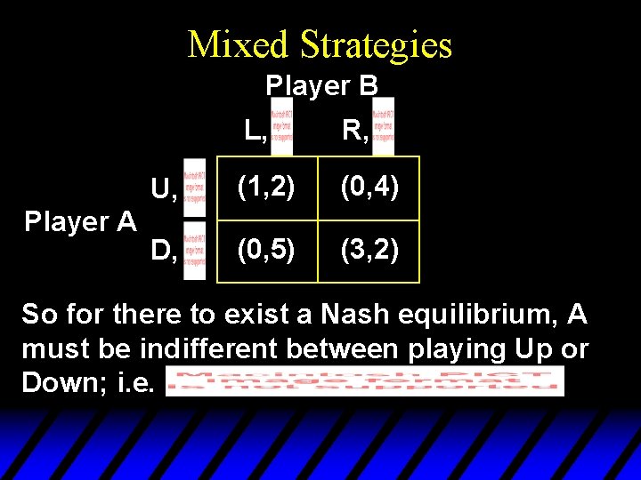 Mixed Strategies Player B Player A L, R, U, (1, 2) (0, 4) D,