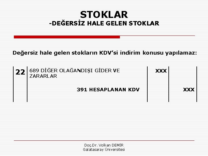 STOKLAR DEĞERSİZ HALE GELEN STOKLAR Değersiz hale gelen stokların KDV’si indirim konusu yapılamaz: 22