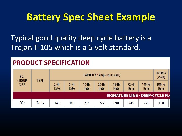 Battery Spec Sheet Example Typical good quality deep cycle battery is a Trojan T-105