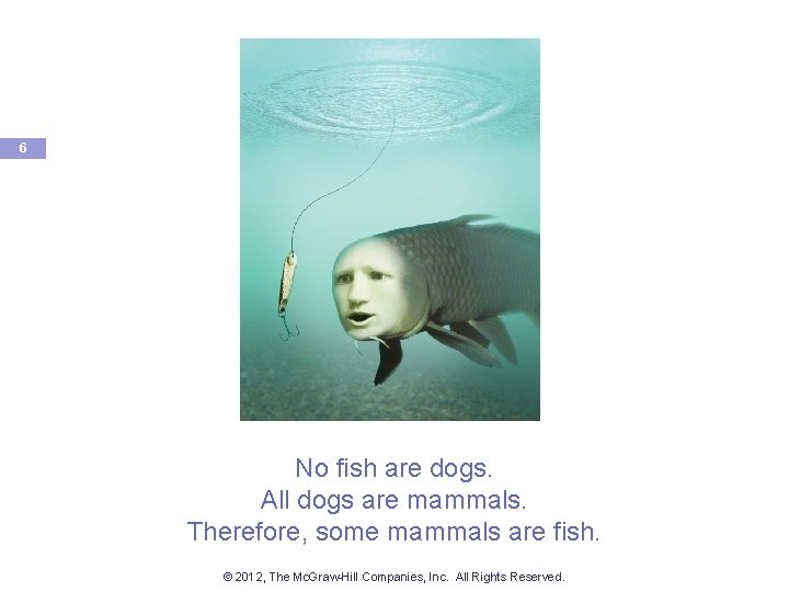 6 No fish are dogs. All dogs are mammals. Therefore, some mammals are fish.