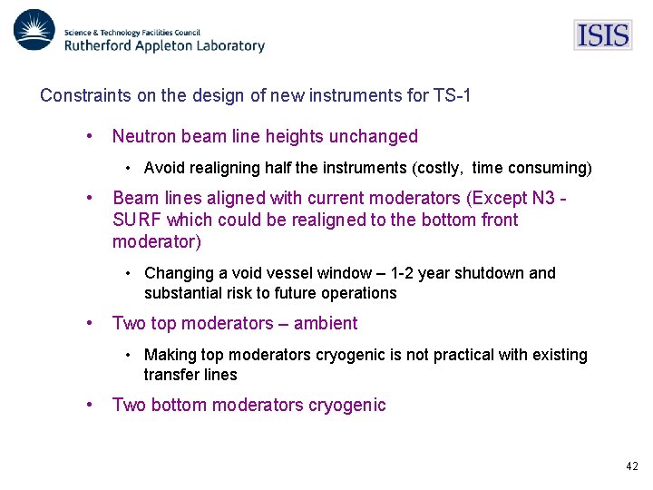 Constraints on the design of new instruments for TS-1 • Neutron beam line heights