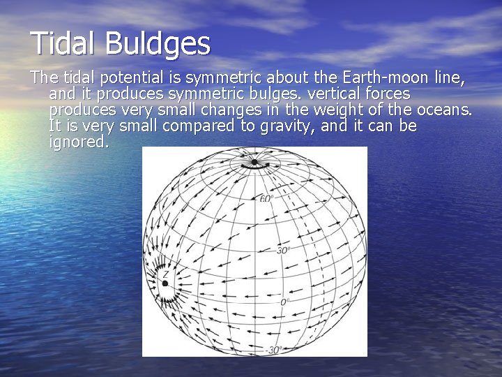 Tidal Buldges The tidal potential is symmetric about the Earth-moon line, and it produces