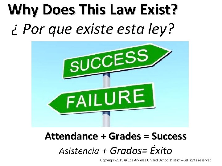 Why Does This Law Exist? ¿ Por que existe esta ley? Attendance + Grades Why Does This Law Exist? ¿ Por que existe esta ley? Attendance + Grades