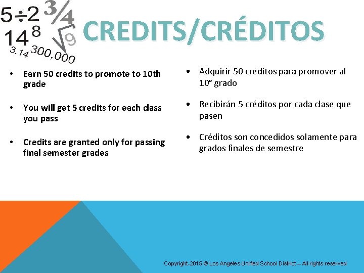 CREDITS/CRÉDITOS • Earn 50 credits to promote to 10 th grade • Adquirir 50