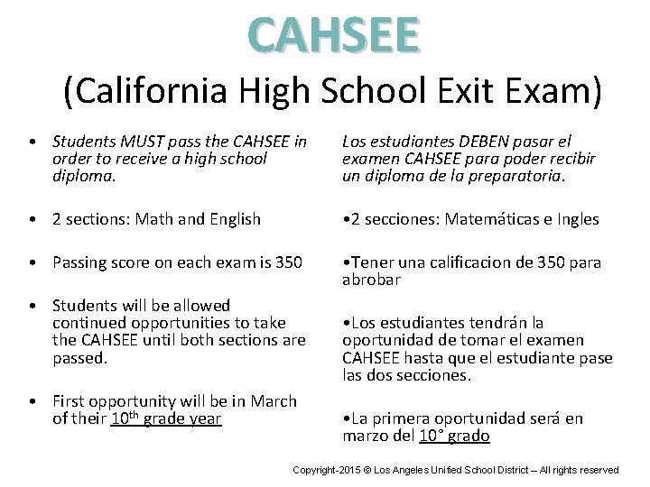 CAHSEE (California High School Exit Exam) • Students MUST pass the CAHSEE in order CAHSEE (California High School Exit Exam) • Students MUST pass the CAHSEE in order
