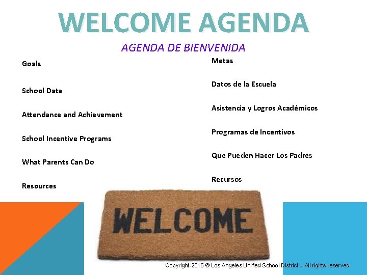 WELCOME AGENDA DE BIENVENIDA Goals School Data Attendance and Achievement School Incentive Programs What