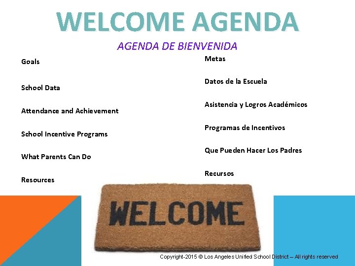 WELCOME AGENDA DE BIENVENIDA Goals School Data Attendance and Achievement School Incentive Programs What WELCOME AGENDA DE BIENVENIDA Goals School Data Attendance and Achievement School Incentive Programs What