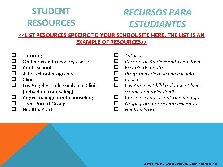 STUDENT RESOURCES RECURSOS PARA ESTUDIANTES <<LIST RESOURCES SPECIFIC TO YOUR SCHOOL SITE HERE, THE