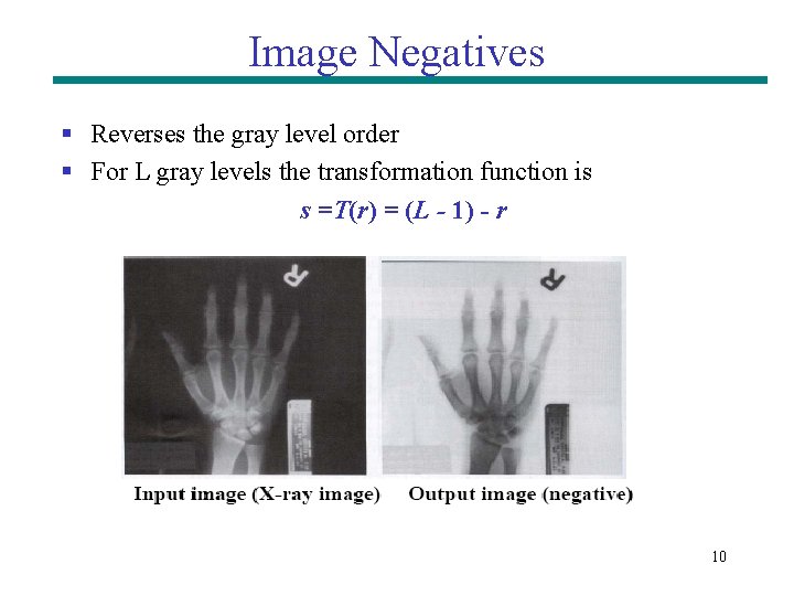 Image Negatives § Reverses the gray level order § For L gray levels the Image Negatives § Reverses the gray level order § For L gray levels the