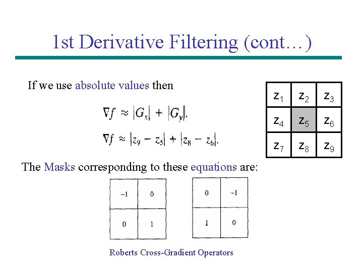 1 st Derivative Filtering (cont…) If we use absolute values then The Masks corresponding 1 st Derivative Filtering (cont…) If we use absolute values then The Masks corresponding