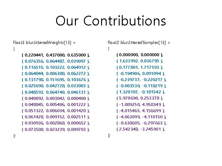 Our Contributions float 3 blur. Jittered. Weights[13] = { { 0. 220441, 0. 437000,