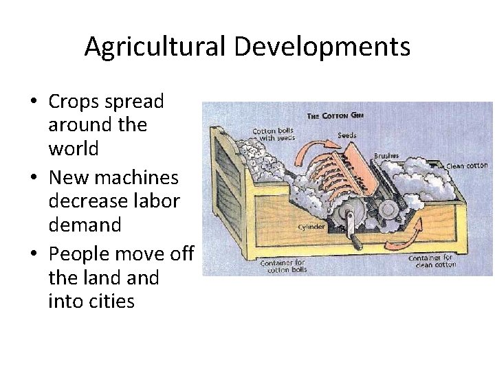 Agricultural Developments • Crops spread around the world • New machines decrease labor demand