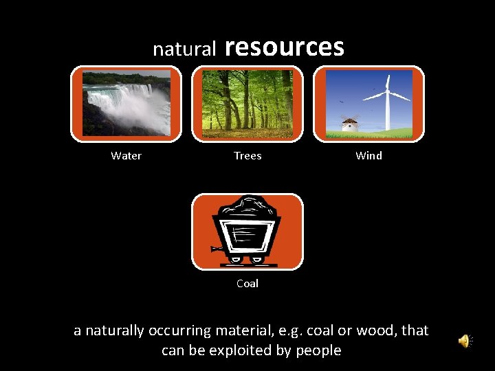natural resources Water Trees Wind Coal a naturally occurring material, e. g. coal natural resources Water Trees Wind Coal a naturally occurring material, e. g. coal