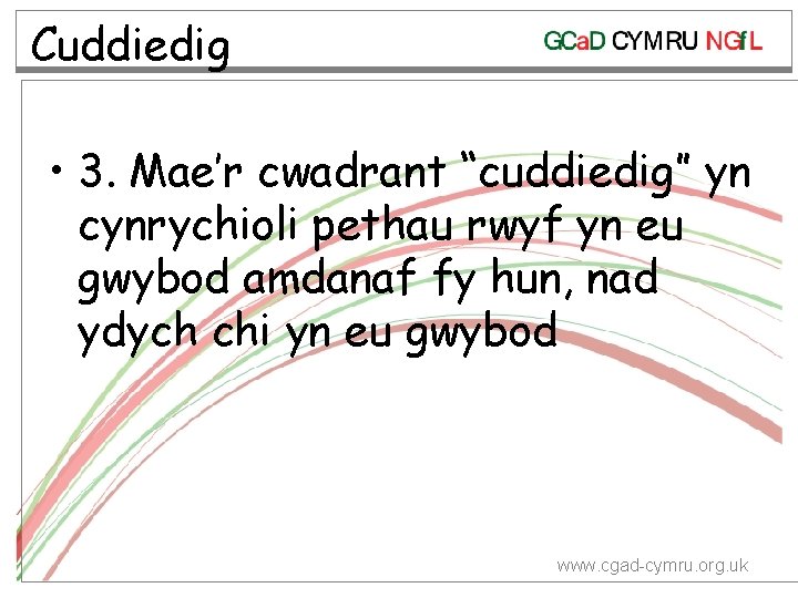 Cuddiedig • 3. Mae’r cwadrant “cuddiedig” yn cynrychioli pethau rwyf yn eu gwybod amdanaf