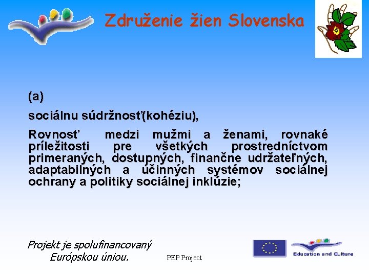 Združenie žien Slovenska (a) sociálnu súdržnosť(kohéziu), Rovnosť medzi mužmi a ženami, rovnaké príležitosti pre