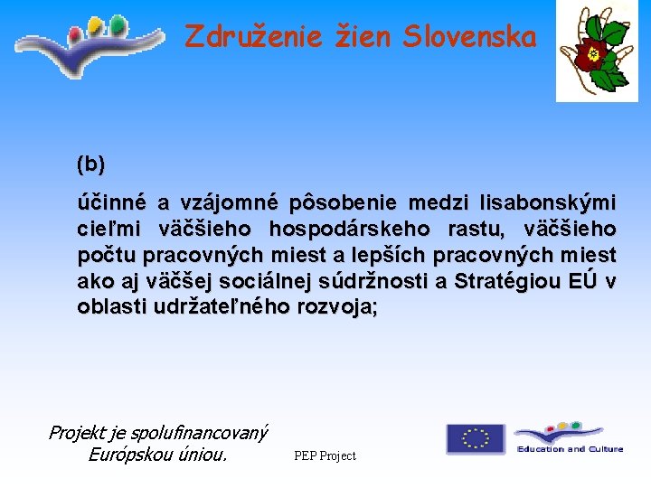 Združenie žien Slovenska (b) účinné a vzájomné pôsobenie medzi lisabonskými cieľmi väčšieho hospodárskeho rastu,