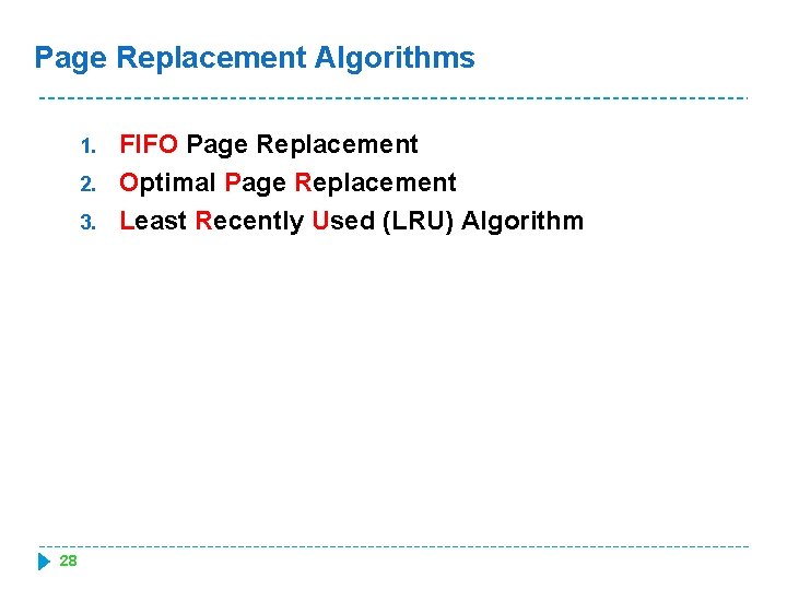 Page Replacement Algorithms 1. 2. 3. 28 FIFO Page Replacement Optimal Page Replacement Least