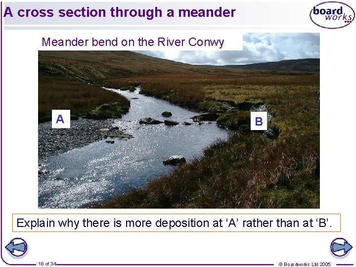 A cross section through a meander Meander bend on the River Conwy A B