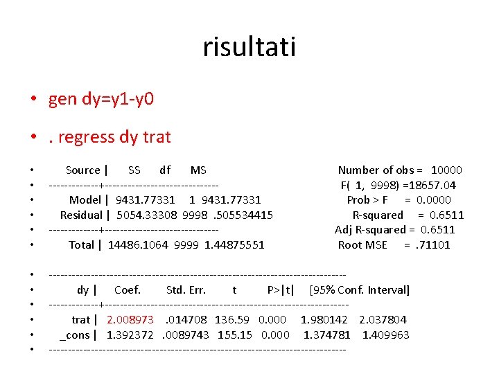 risultati • gen dy=y 1 -y 0 • . regress dy trat • •