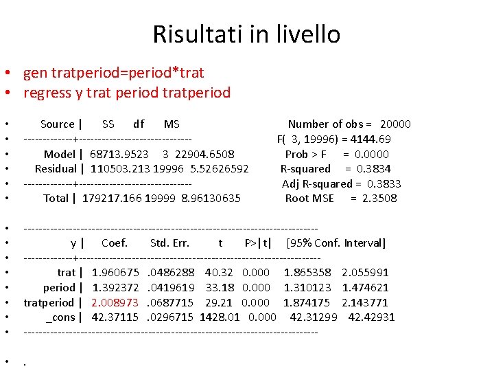 Risultati in livello • gen tratperiod=period*trat • regress y trat period tratperiod • •