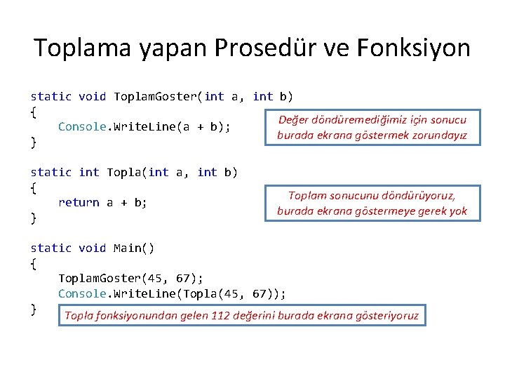 Toplama yapan Prosedür ve Fonksiyon static void Toplam. Goster(int a, int b) { Değer